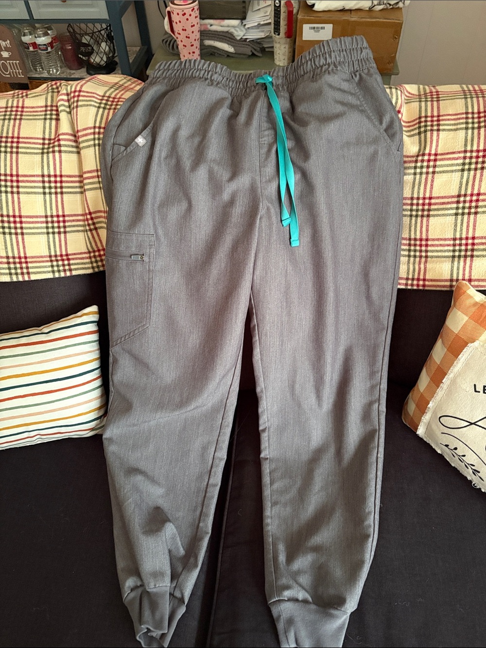 Figs women’s high waisted Gray Joggers with Teal Drawstring